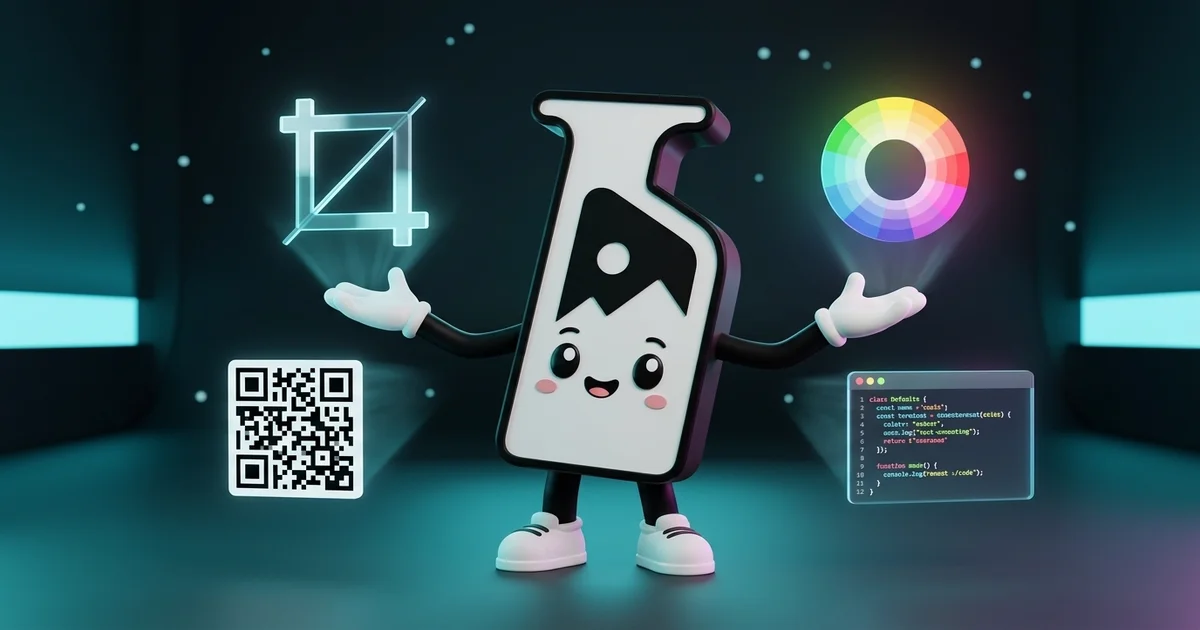 Imagerry mascot presenting crop, color picker, QR code, and code terminal tools