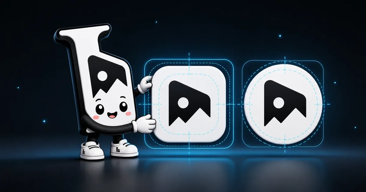 Imagerry mascot arranging rounded and circle-masked app icons inside cyan safe-zone guides