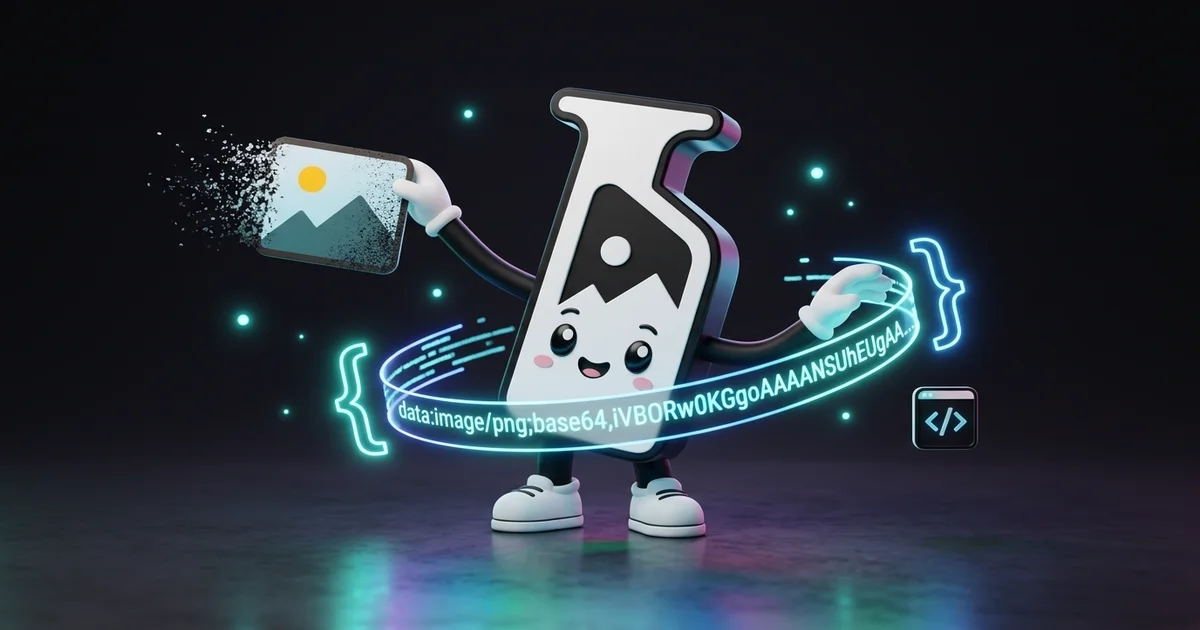Imagerry mascot converting a photo into a glowing Base64 Data URI code stream and curly brackets