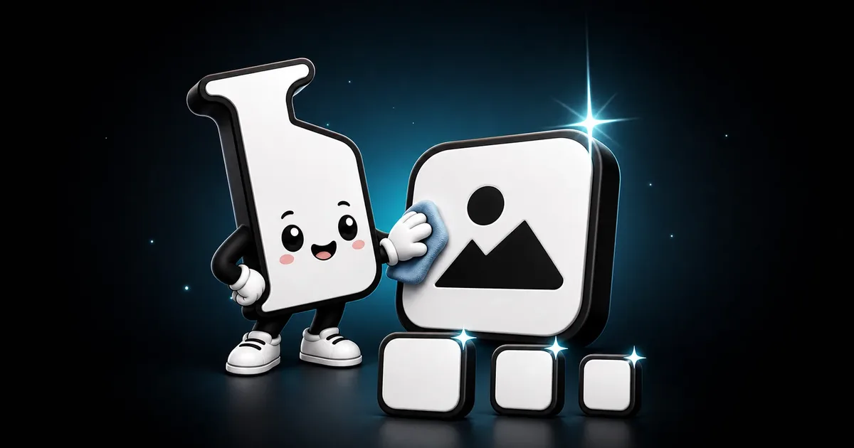 Imagerry mascot polishing a crisp web icon beside three simple favicon sizes