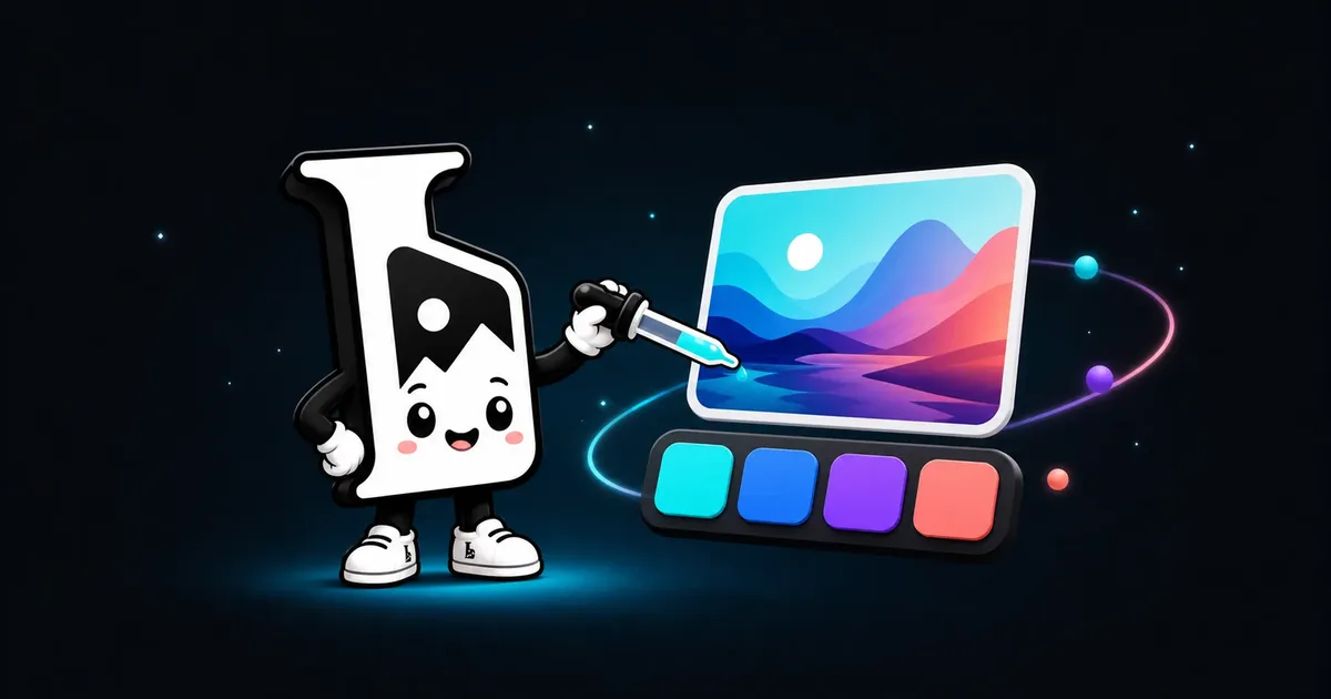 Imagerry mascot using an eyedropper to pull cyan, blue, violet, and coral swatches from a landscape image