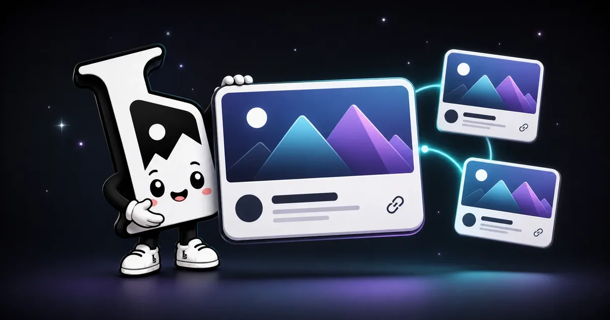 Imagerry mascot presenting a large social link-preview card connected to two smaller preview cards