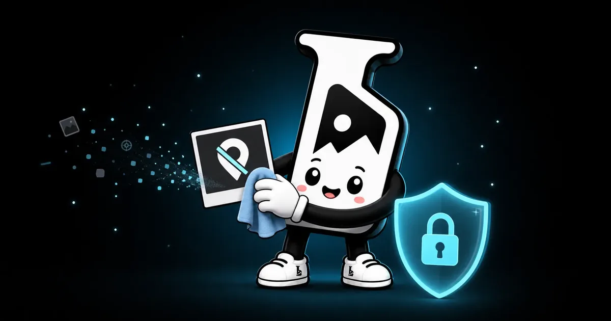 Imagerry mascot cleaning a photo with an obscured location pin beside a glowing privacy shield