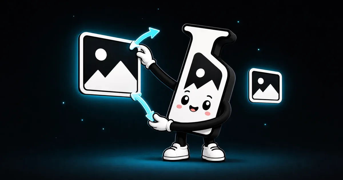 Imagerry mascot resizing a sharp image with cyan corner arrows while a smaller image stays crisp